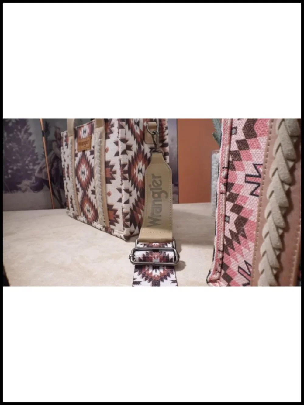Boho Aztec Tote Bag with Leather Handles, Top Zipper Closure, Adjustable Guitar